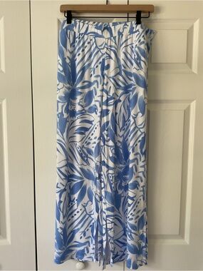 Susan Graver Blue & White Tropical Print Cabana Wide Leg Pant